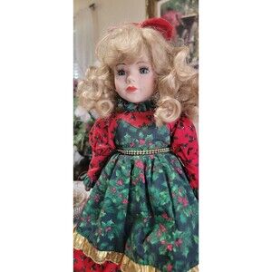 Vintage Heritage doll, long blonde curls, in Christmas holiday dress, 15.5"